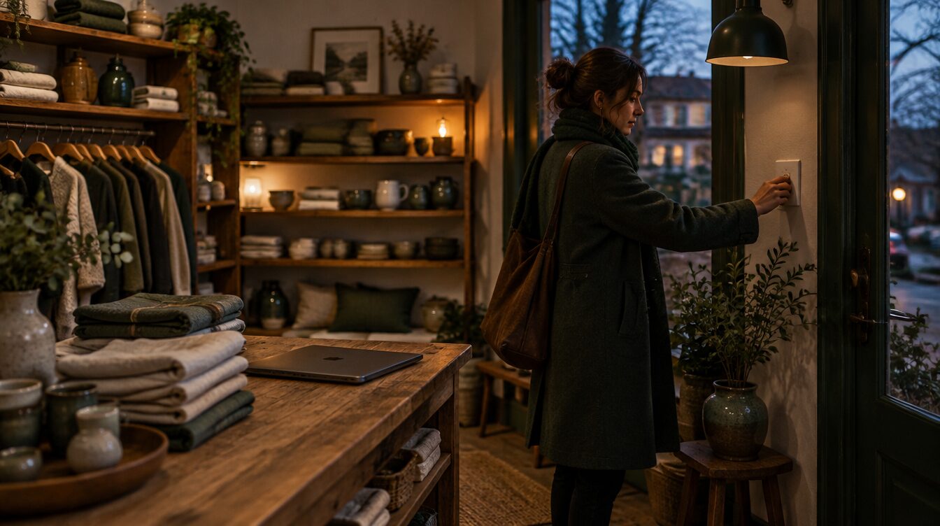 A shop owner in a coat switching off the lights of a small homeware store at dusk, a closed laptop on the counter.