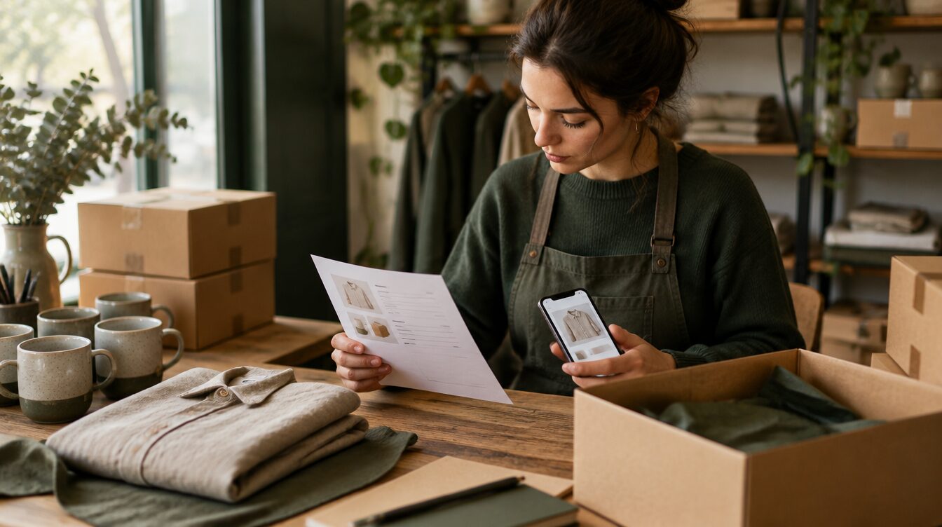 A shop worker at a packing table checking a printed slip against a phone, with kraft boxes, stoneware mugs and a folded linen shirt.